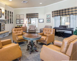 A living room with a fireplace, a piano, and a table with chairs around it. AI generated content