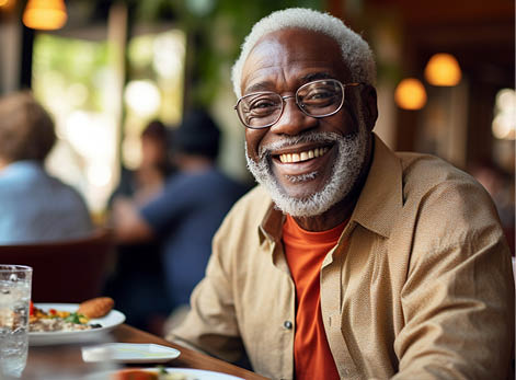 Happy elderly afro american man sitting at table